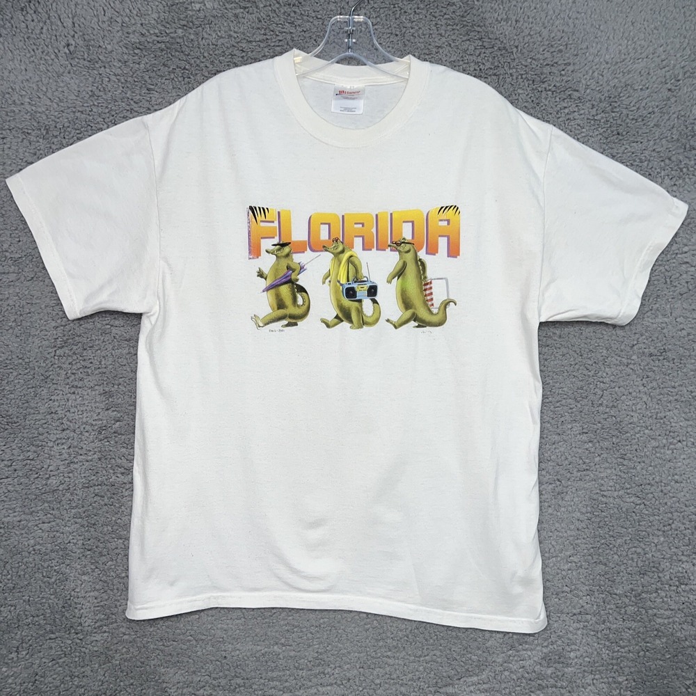 VTG Florida Funny Gators‎ T Shirt Sz L White 2001 Tee Beach Boombox Shades 2000s